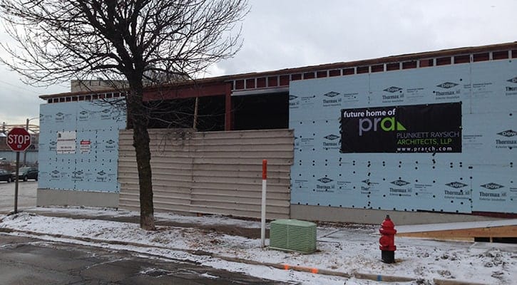 Construction photo of the progress at the adaptive re-use renovation project for the PRA MIlwaukee Design Office at 209 S. Water Street, Milwaukee, Wisconsin