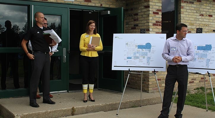 Swallow School Principal Kyle Moore (left), superintendent Melissa Thompson and Plunkett Raysich Architects project manager of k12 Education Nicholas Kent give an overview of the two different design projects at an informational tour concerning a possible referendum at the school.