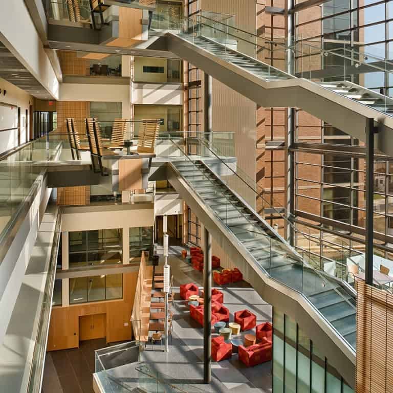 University of Wisconsin-Madison Microbial Sciences Building includes a three-story lobby and student commons that provides an interpretation of the dynamic nature of the Microbial Sciences. The space acts as a dynamic mixing bowl, encouraging colleagues to spend time exchanging ideas and removing the silos between disciplines.