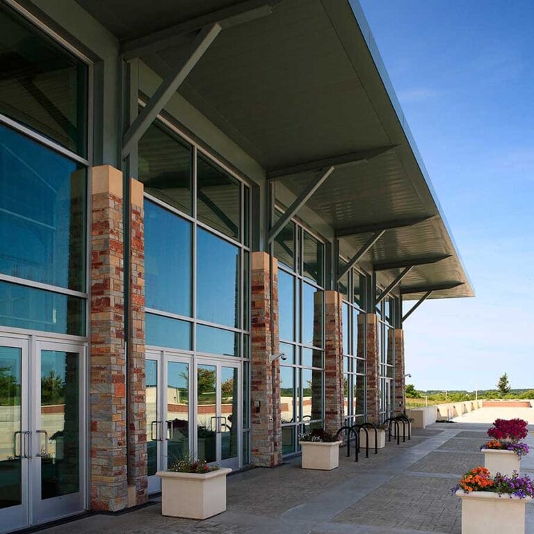 Blackhawk Church Exterior employs contemporary materials eo evoke the flying buttresses of earlier church architecture