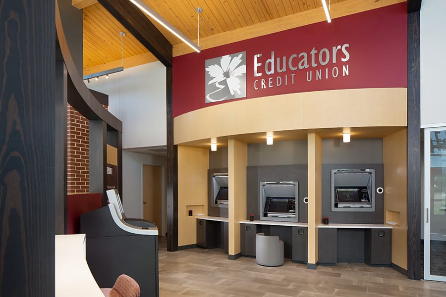 Educators Credit Union Interactive Teller Machines and highly branded lobby is part of the evolution of banking services driven by the needs of consumer bank clients.