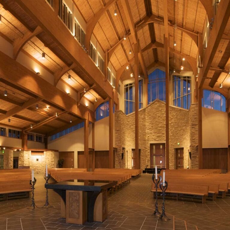 The Sanctuary of Holy Family Catholic Church in Fond du Lac, Wisconsin looking toward the Narthex from the raised Altar