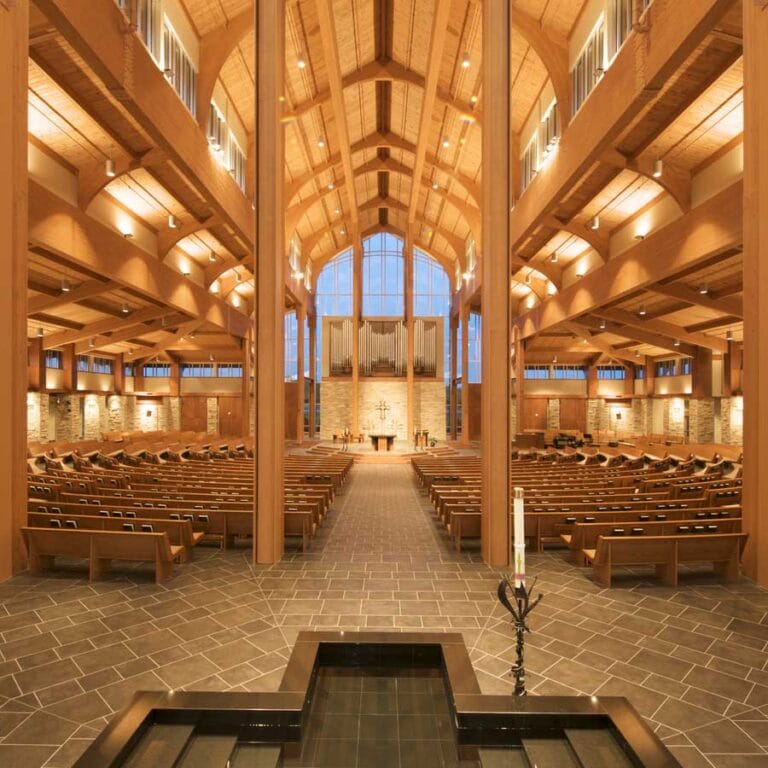 The Sanctuary of Holy Family Catholic Church in Fond du Lac, Wisconsin looking toward the Altar from over the Baptismal Font, allows plenty of space for the Sacrement.