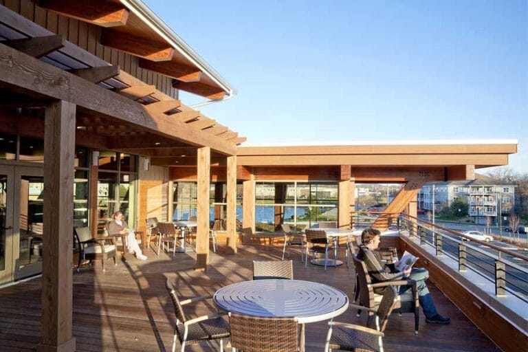 Library spaces are evolving, to even provide three-season access to nature. Here an elevated deck provides south-facing outdoor reading and a place to contemplate Hartford, WI