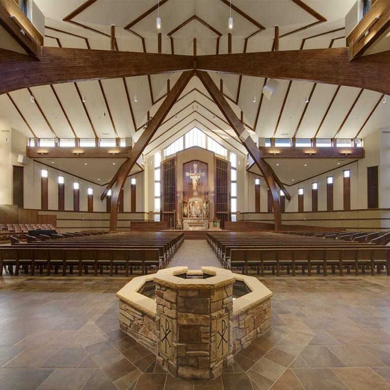 The Baptismal Font of Martin Luther College Chapel, New Ulm, Minnesota. It is placed at the Sanctuary entrance symbolizing the Christian belief that Baptism is 