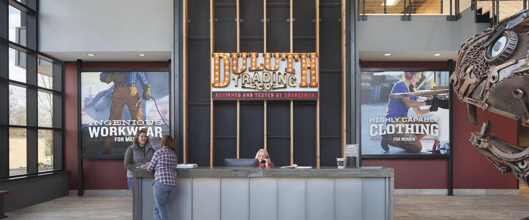 Duluth Trading Company Headquarters Lobby in Mount Horeb, Wisconsin. Architecture borrows from hospitality decor to project corporate identify